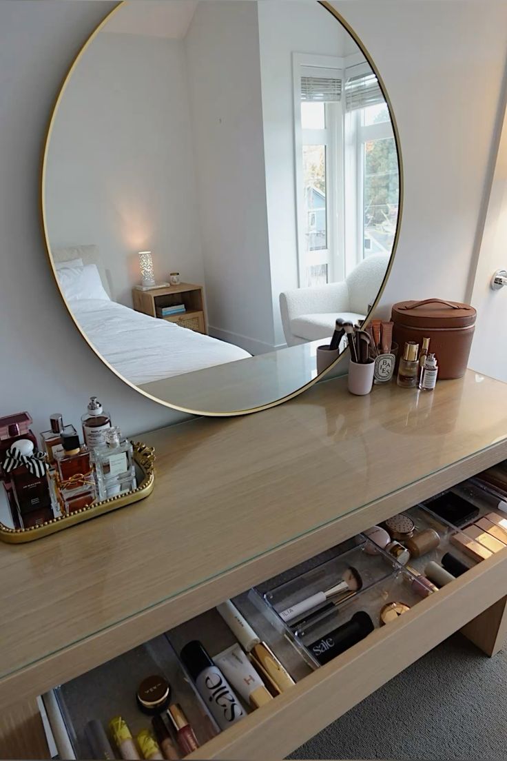 Round Gold-Framed Wall Mirror