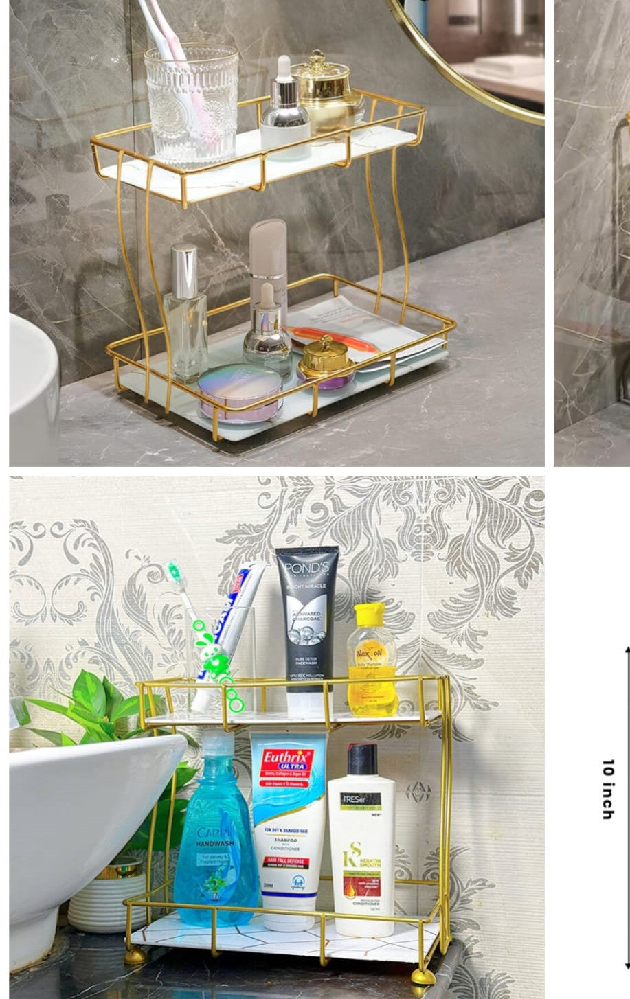2-Tier Rectangular Golden Vanity Stand - Organizer