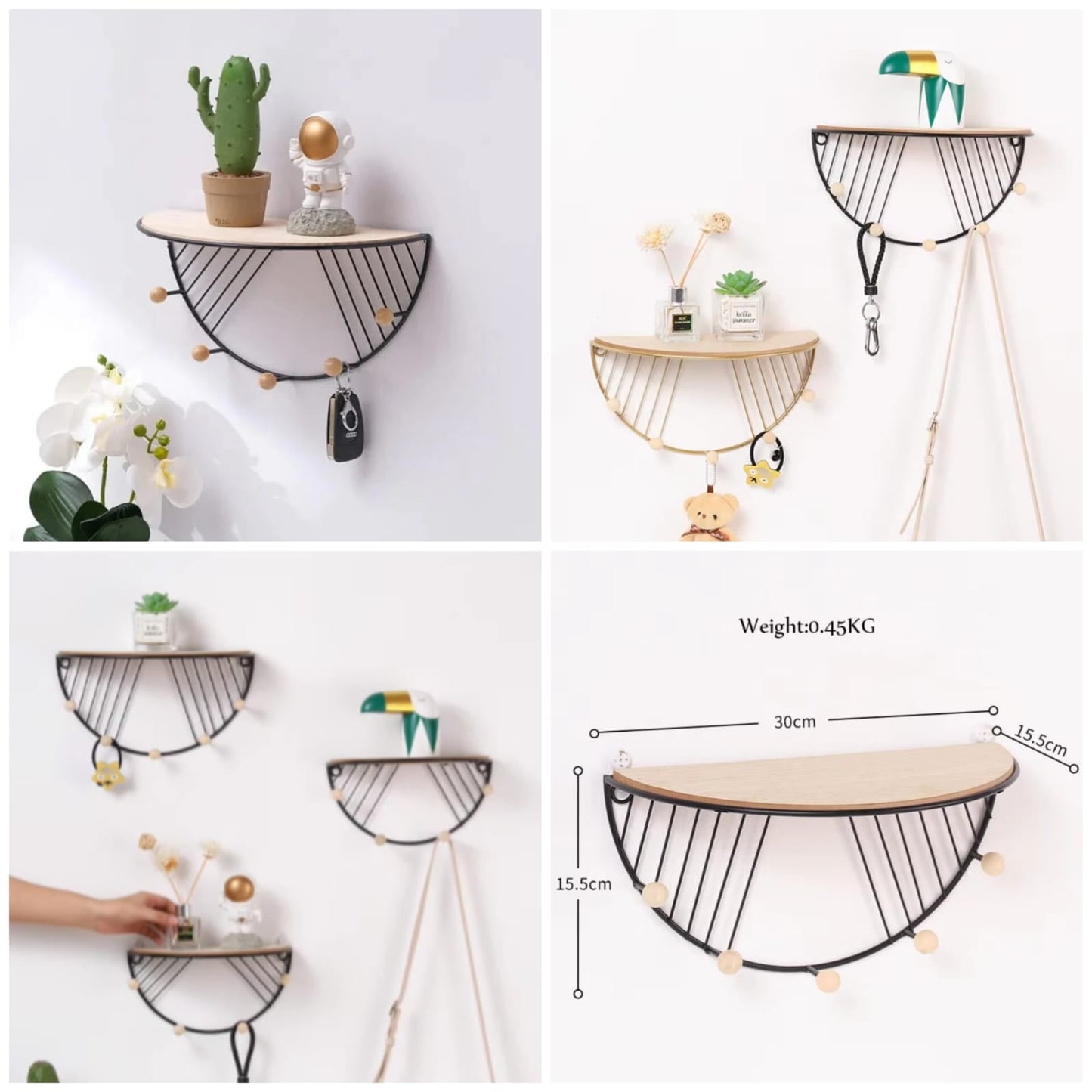Half-Moon Wall Shelf with Hooks - Organizer