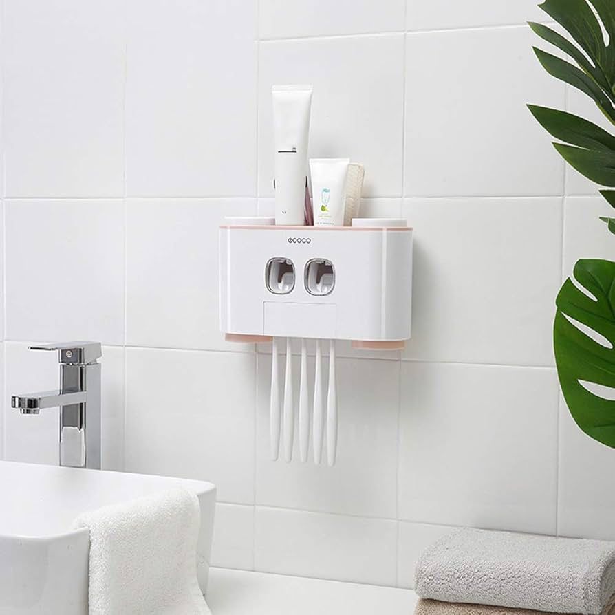 Bathroom Organizer Set with 6-Slot Toothbrush Holder and Dispenser