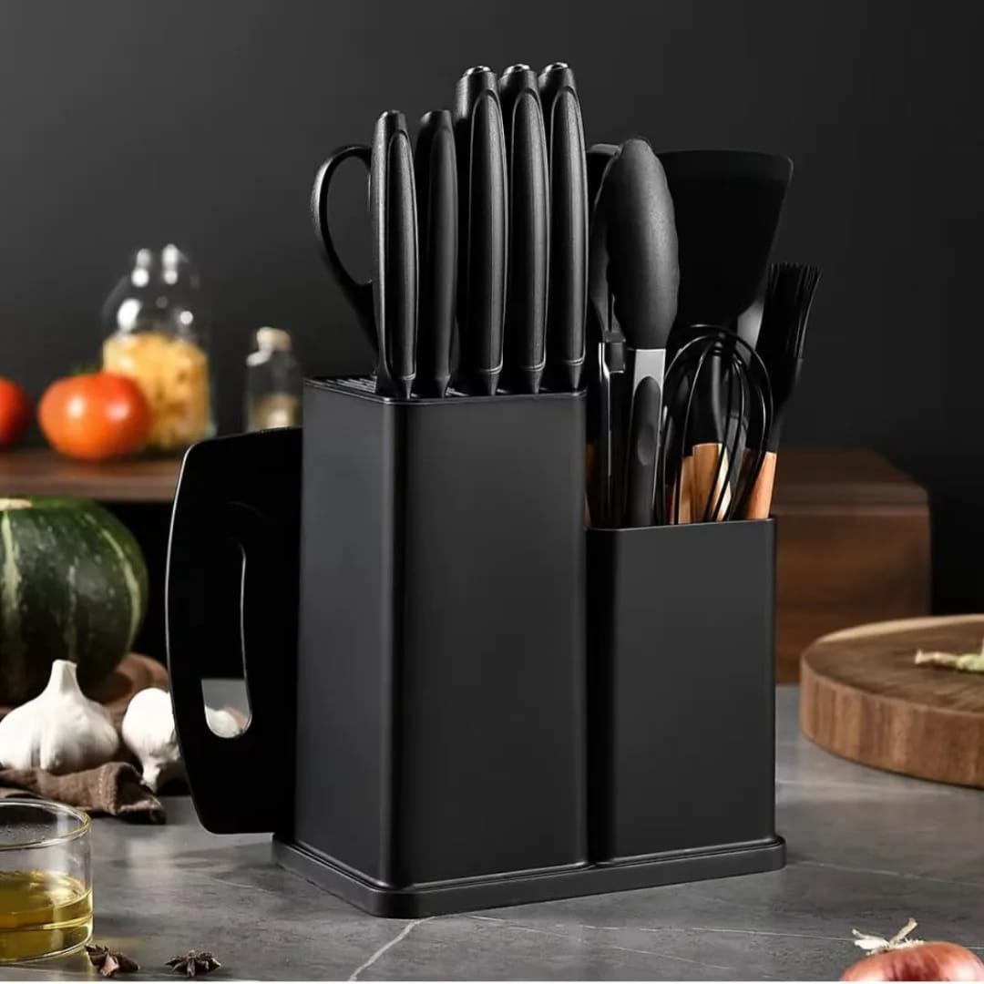 19-Piece Kitchen Knife & Silicone Utensil Set with Block - Storage