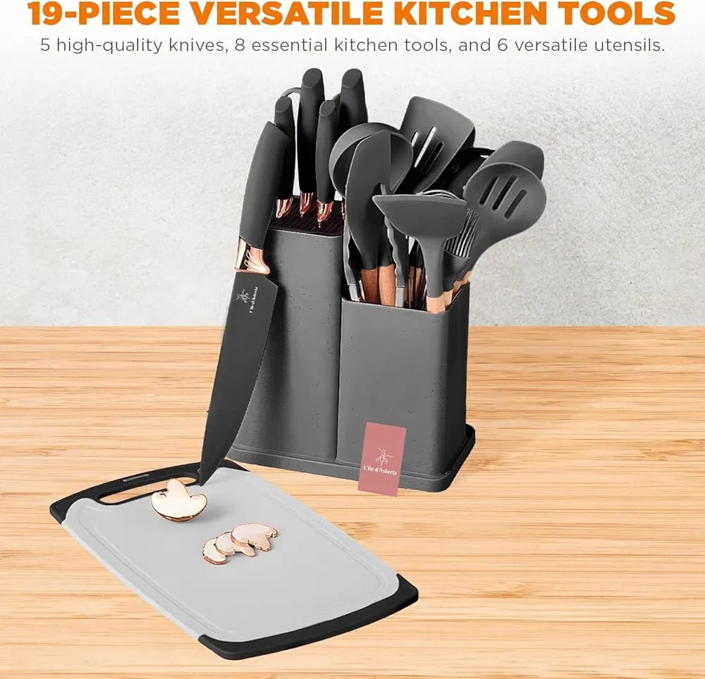 19-Piece Kitchen Knife & Silicone Utensil Set with Block - Storage