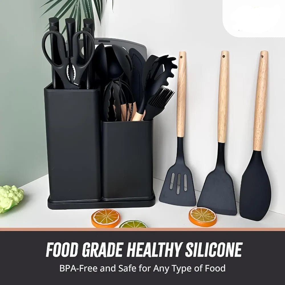 19-Piece Kitchen Knife & Silicone Utensil Set with Block - Storage