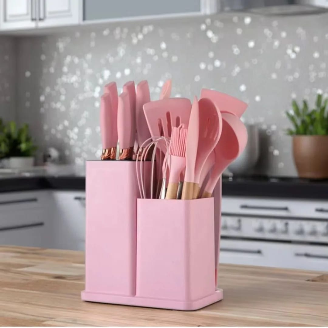19-Piece Kitchen Knife & Silicone Utensil Set with Block - Storage
