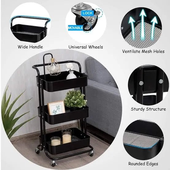 3-Tier Rolling Cart with Drawer & Desktop - Storage