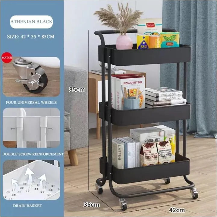 3-Tier Rolling Cart with Drawer & Desktop - Storage