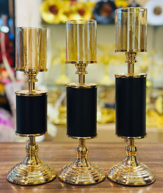 Modern Black & Gold Candle Holder Set 0f 3