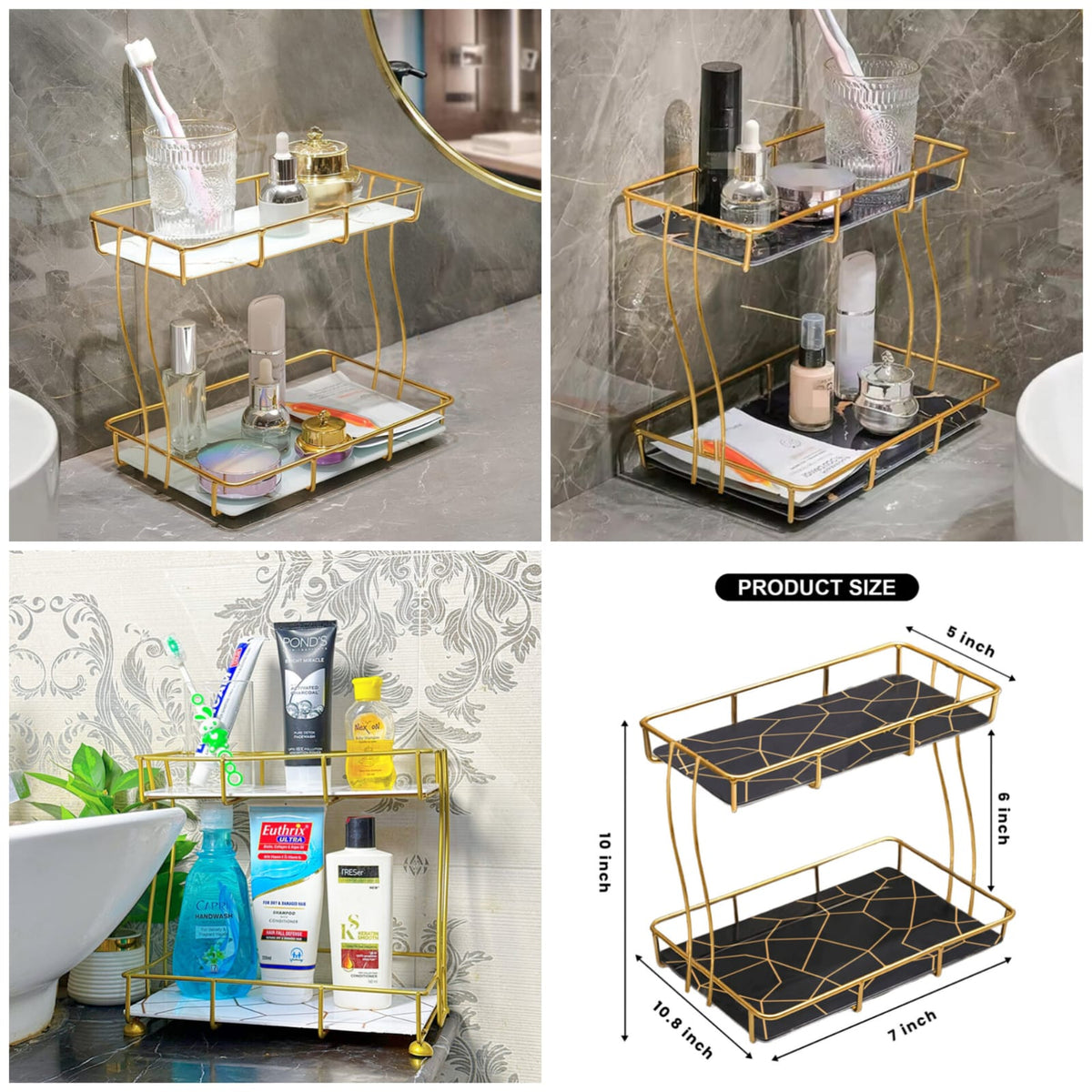 2-Tier Rectangular Golden Vanity Stand - Organizer