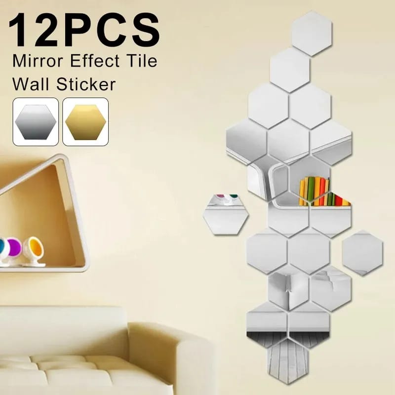 12pcs Wall Craft 3D Acrylic Mirror Hexagon Shape - Big Size - Wall Decor
