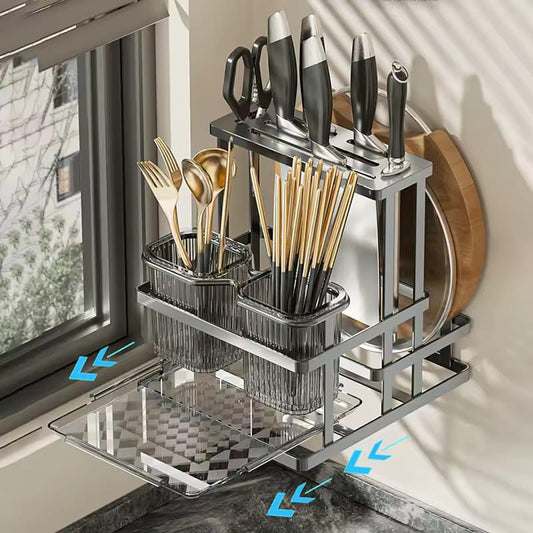 Stainless Steel Cutlery and Pot Cover Wall Rack - Organizer