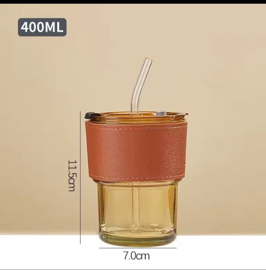 Glass Coffee Cup Leather Strap with White Glass Straw
