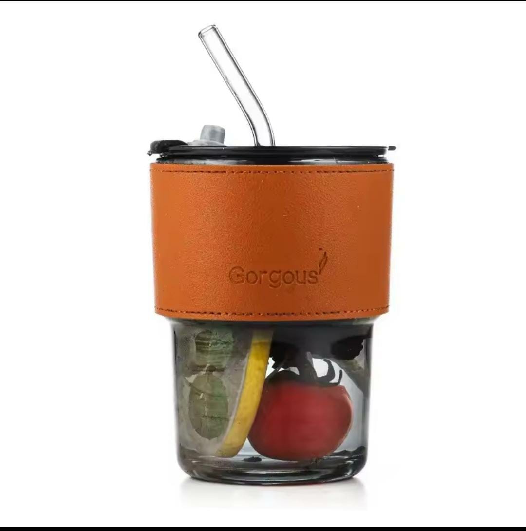 Glass Coffee Cup Leather Strap with White Glass Straw