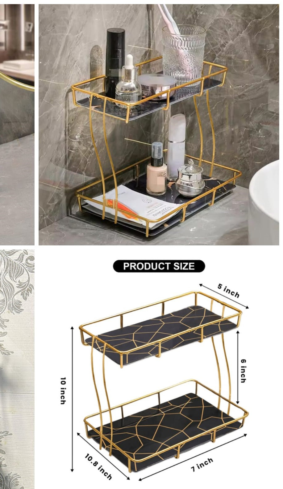 2-Tier Rectangular Golden Vanity Stand - Organizer