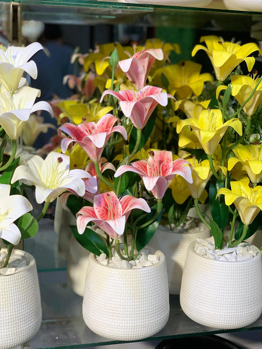 White Textured Planters with Artificial Lily Arrangements