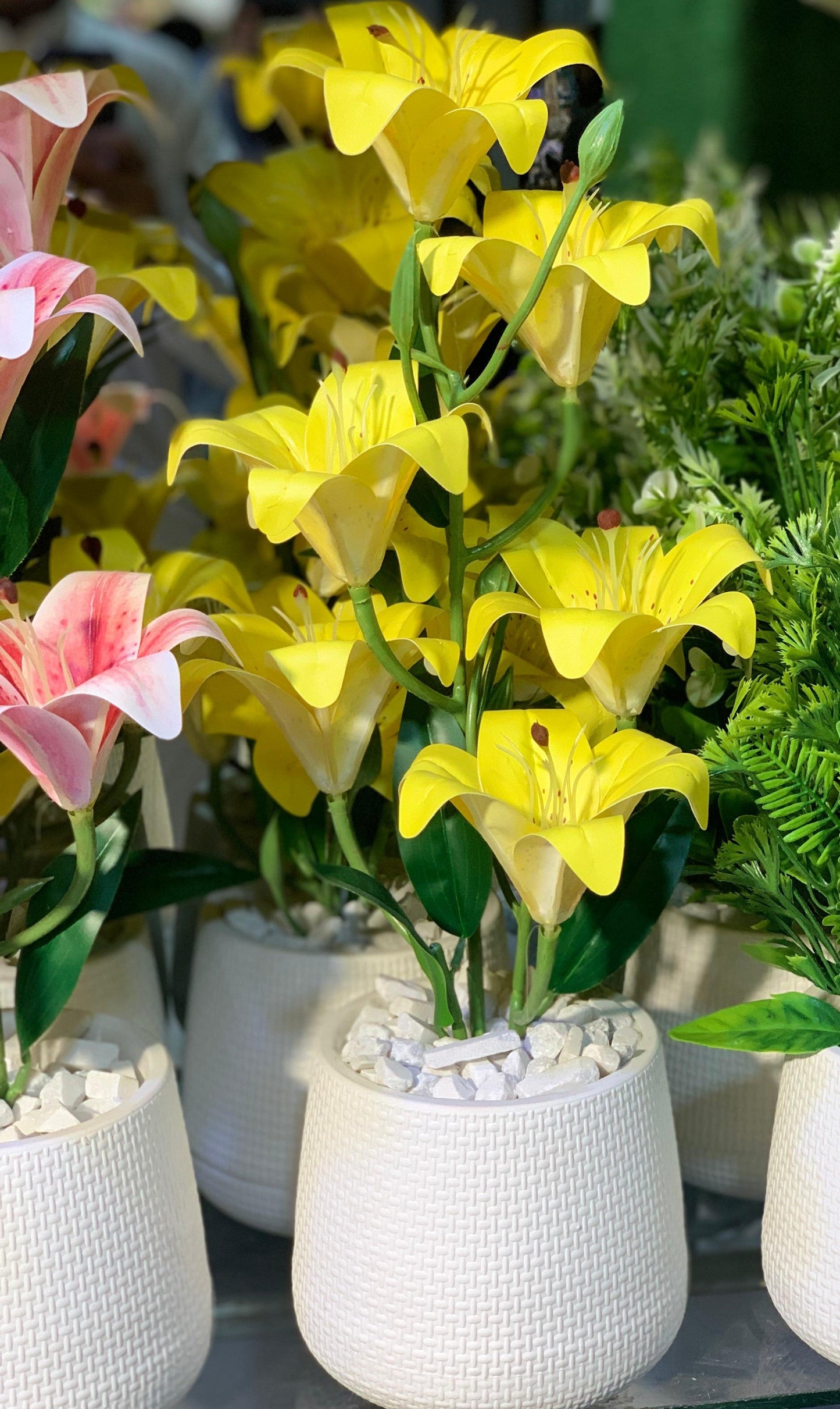 White Textured Planters with Artificial Lily Arrangements