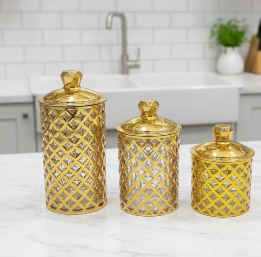 Arabian Style Gold-Lid Storage Jars - Set of 3