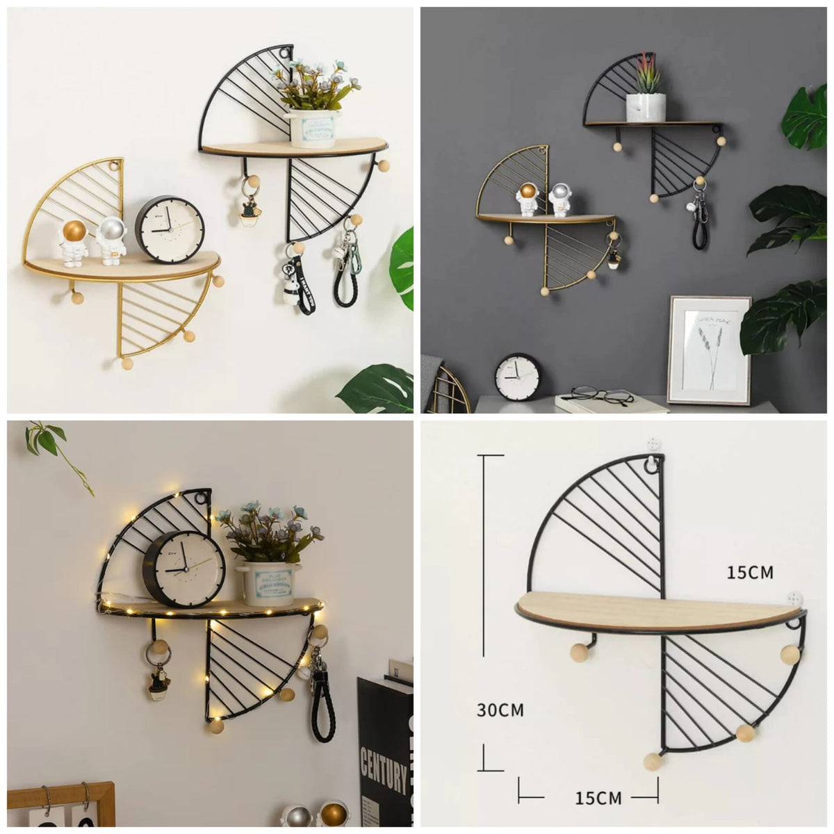 Geometric Wall Shelf with Hooks - Organizer