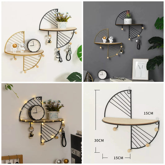 Geometric Wall Shelf with Hooks - Organizer