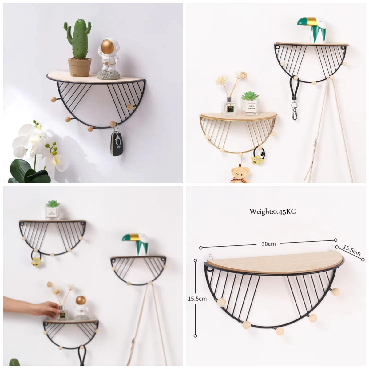 Half-Moon Wall Shelf with Hooks - Organizer