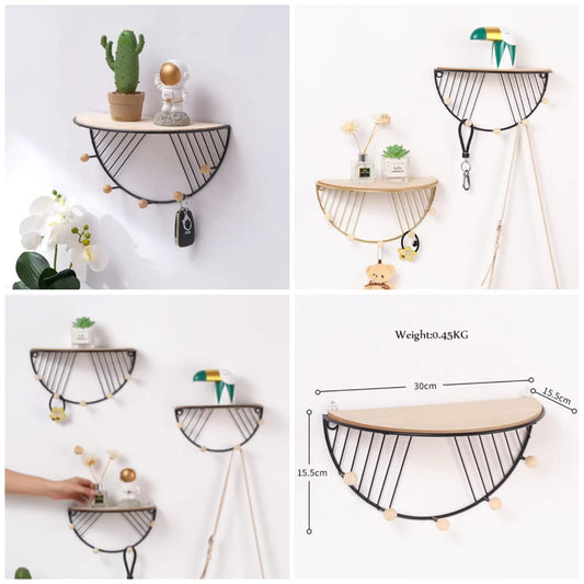 Half-Moon Wall Shelf with Hooks - Organizer