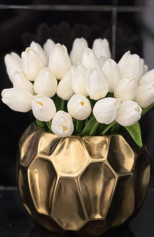 White Tulip  in Gold Ceramic Vase - pot