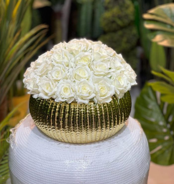 Elegant White Roses in Gold Pot